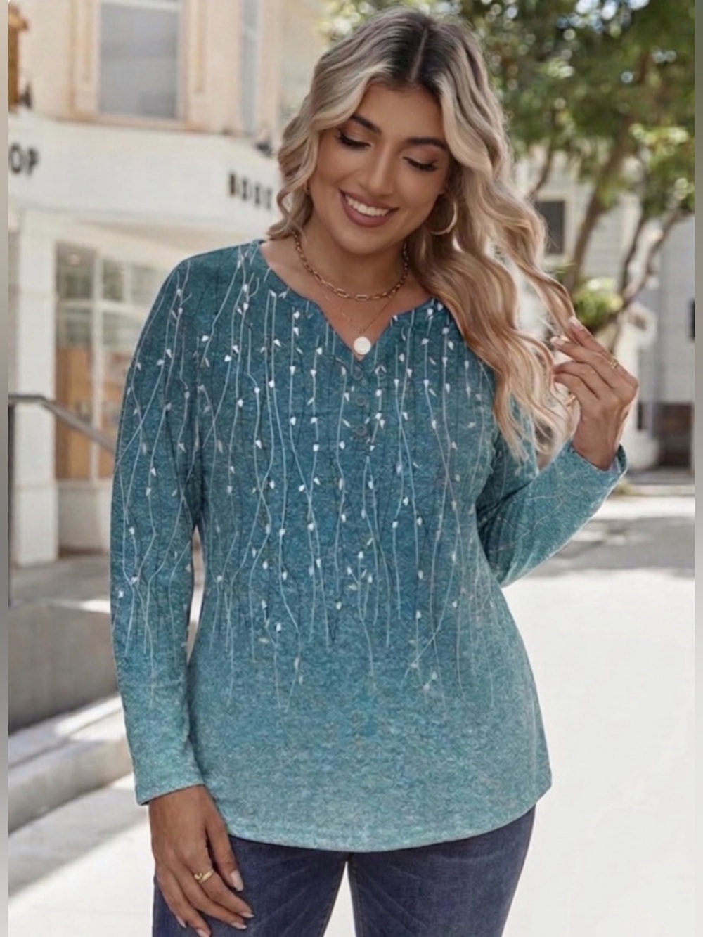 Women's Plus Summer Teal Long Sleeve Top